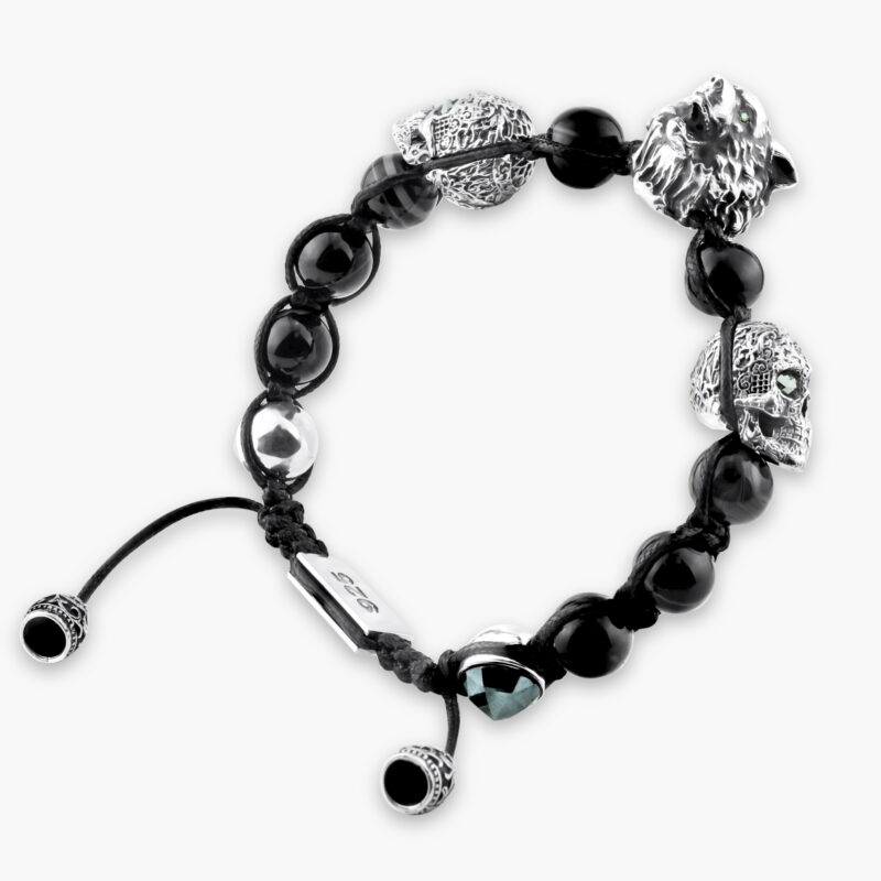 WOLF AND SKULL BRACELET :: STERLING SILVER WITH BLACK MOISSANITE WITH BLACK AGATE SEMI PRECIOUS BEADS MODEL BR906SS-BKSKMO - Image 2