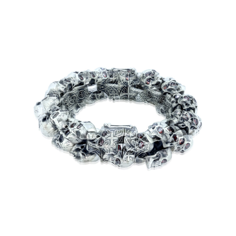 THE LOST SKULLS BRACELET :: STERLING SILVER WITH GARNET STONES MODEL BR850SS-RD