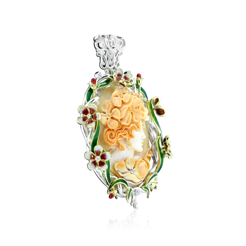 FLORA CAMEO PENDANT :: A ONE OFF MASTERPIECE CAMEO PENDANT IN GOLD AND SILVER AND ENAMEL MODEL PD1201-YGSSAR - Image 2