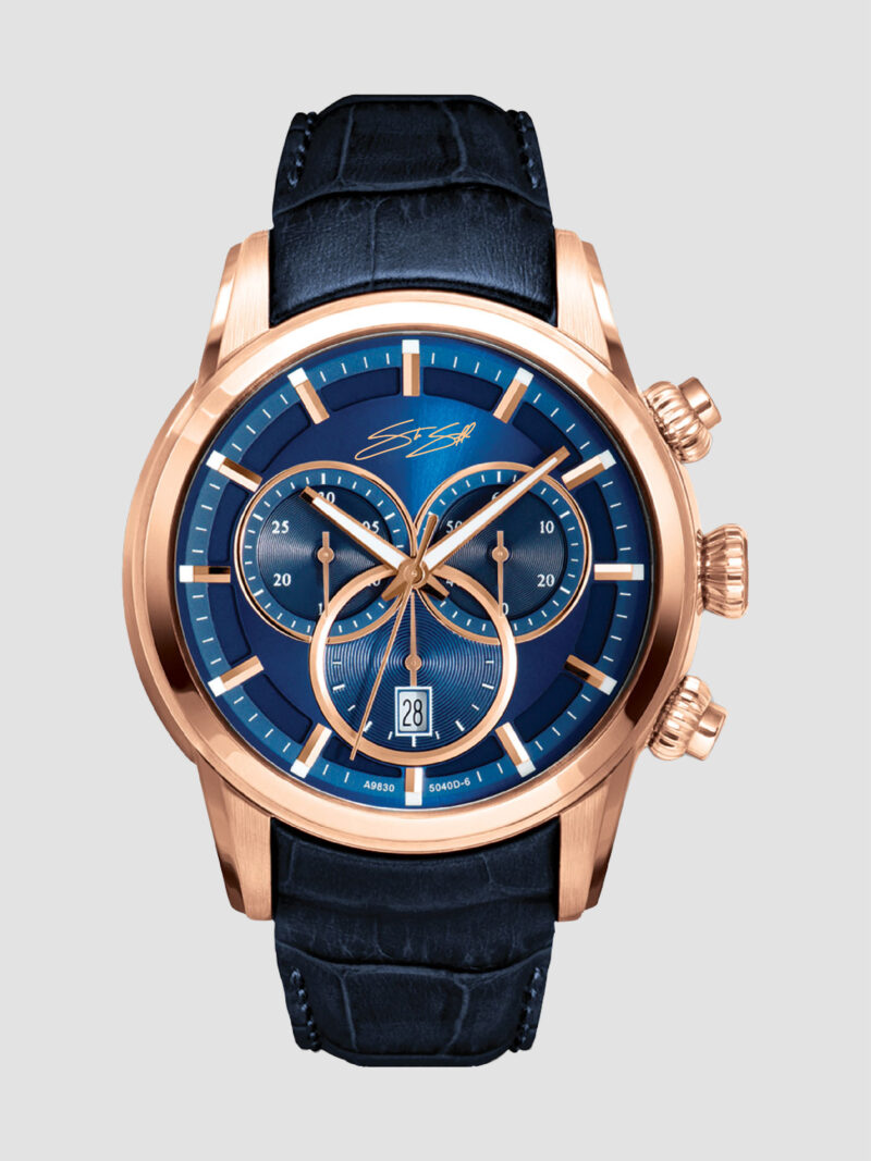 Chronos Neptune Watch :: Swiss Chronograph & Movement Stainless Steel Rose Gold I.P Blue Sunray Dial Sapphire Crystal Model: CHR-BLULTR-RGBLU - Image 2