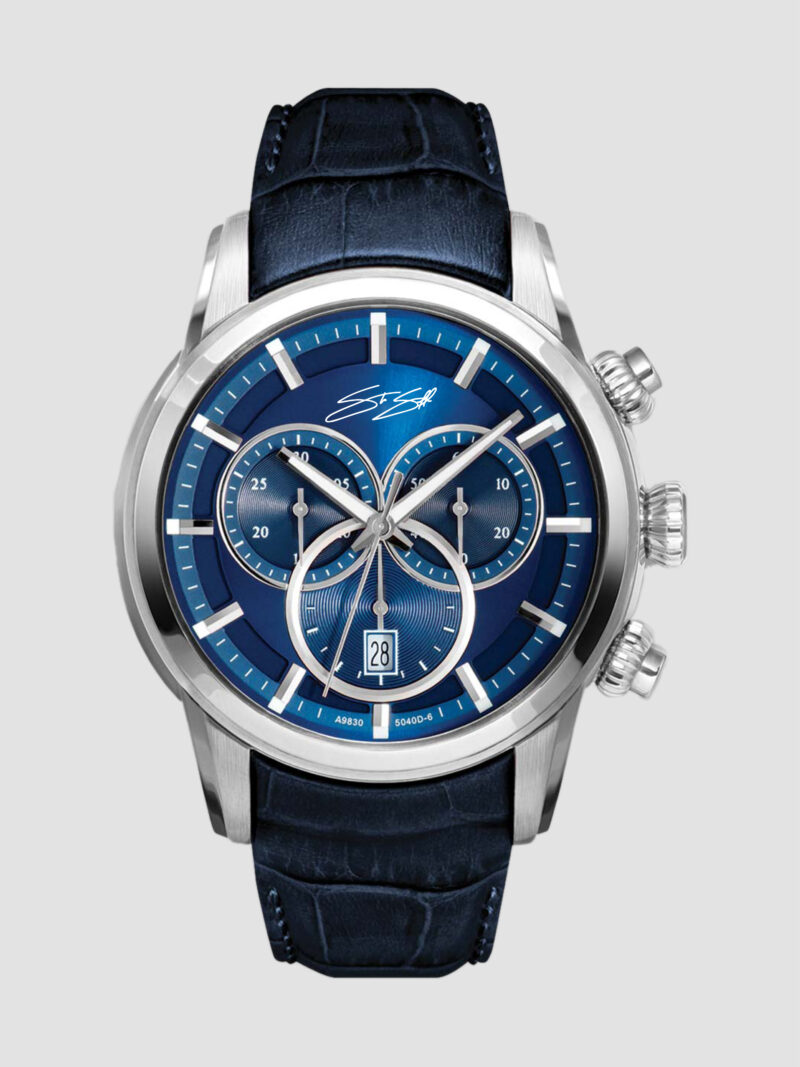 Chronos Sea Captain Watch :: Swiss Movement Chronograph Deep Blue Leather Strap Blue Sunray Dial Sapphire Crystal Model CHR-LTR-BLU