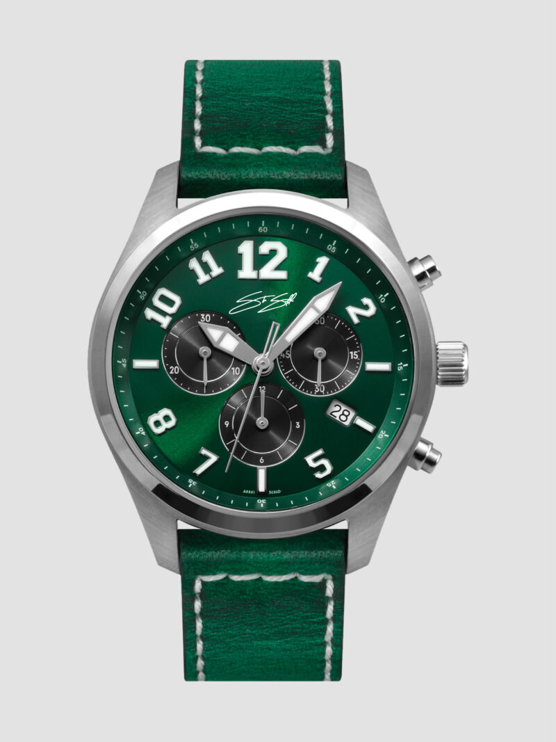 Chronos The Vanguard Watch :: 7 Hand Swiss Chronograph & Movement Stainless Steel Split Window Date Green Sunray Dial Model: CHR-LTR-GRNBK