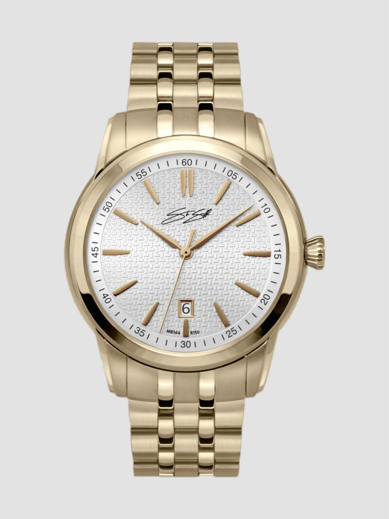 Classic The Audius Mechanical Watch ::  Swiss Movement Gold I.P. Stainless Steel Silver White Dial Model: CLA-SSGLD-SLGLD