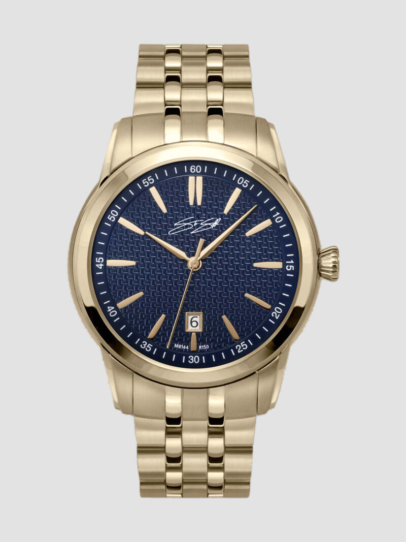 Classic The Audius Mechanical Watch ::  Swiss Movement Gold I.P. Stainless Steel Navy Blue Dial Model: CLA-SSGLD-BLUGLD