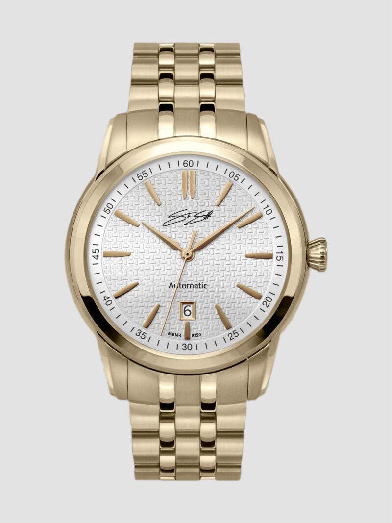 Men's Classic The Audius Mechanical Watch ::  Swiss Movement Gold I.P. Stainless Steel Silver White Dial Model: CLA-SSGLD-SLGLD