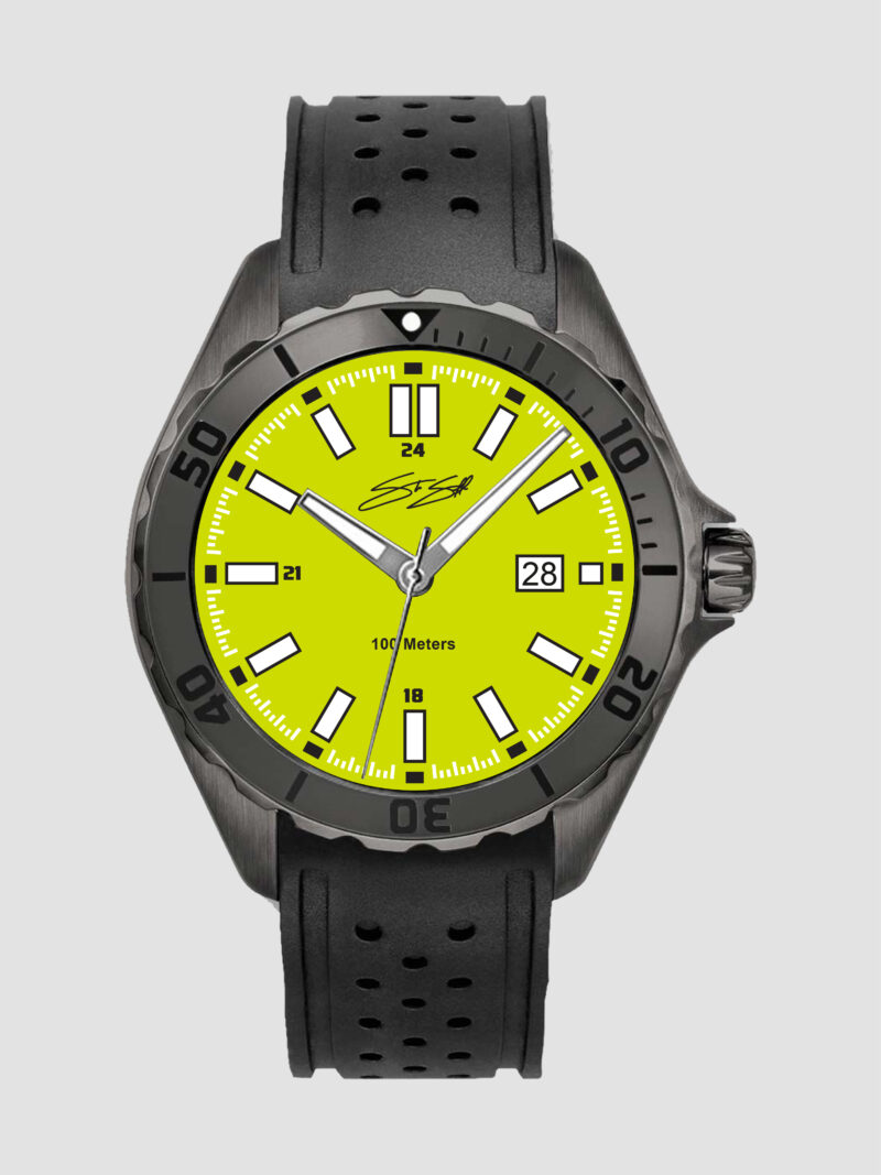 Men's Shades Cyclone Sport Watch :: Swiss Movement Gun I.P. Stainless Steel Neon Yellow Dial Sapphire Crystal Model SHA-RUBK-YWL