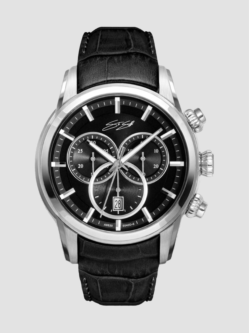 Chronos Sea Captain Watch :: Swiss Movement Chronograph Ebony Black Leather Strap Black Sunray Dial Sapphire Crystal Model CHR-LTR-BLK