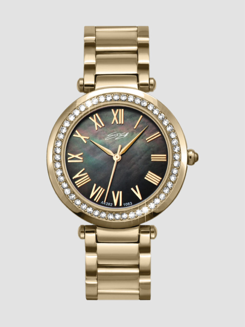 Classic Ladies The Siena Watch ::  Swiss Movement Stainless Steel Gold I.P. Black M.O.P. Dial Model: CLAL-SSGD-BKMOP-SWAR