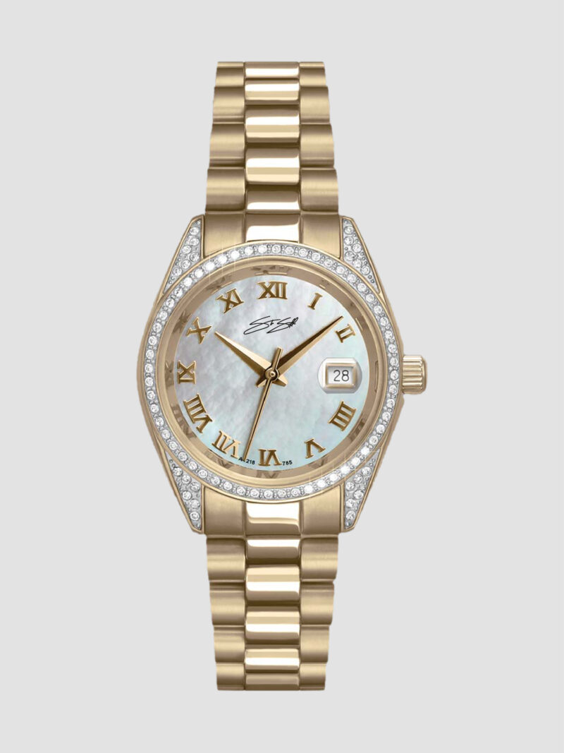 Classic Ladies The Montecito Watch ::  Swiss Movement Swarovski Crystals Gold I.P. Stainless Steel M.O.P. Dial Model: CLAL-SSGLD-WTMOP-SWAR