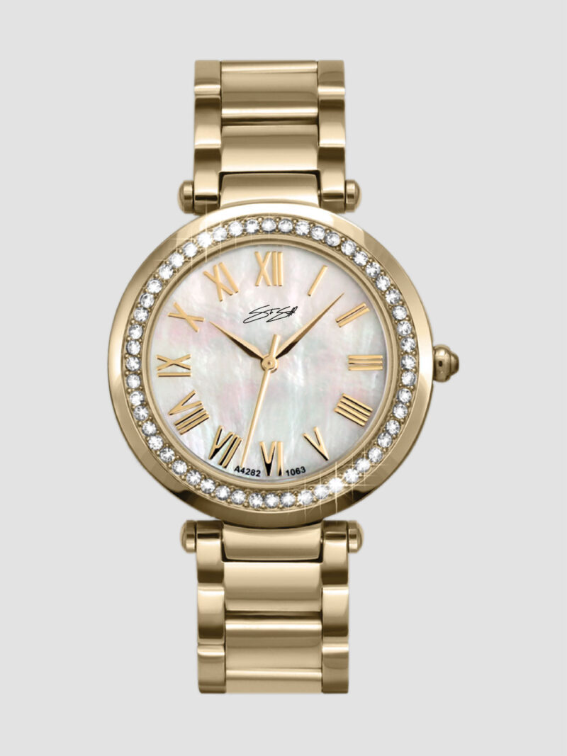 Classic Ladies The Siena Watch ::  Swiss Movement Stainless Steel Gold I.P. White Mother of Pearl Dial Model: CLAL-SSGD-WTMOP-SWAR