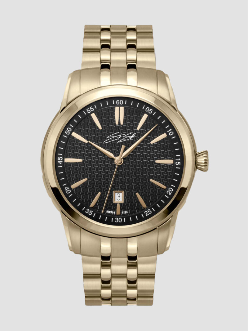 Classic The Audius Mechanical Watch ::  Swiss Movement Gold I.P. Stainless Steel Jet Black Dial Model: CLA-SSGLD-BKGD