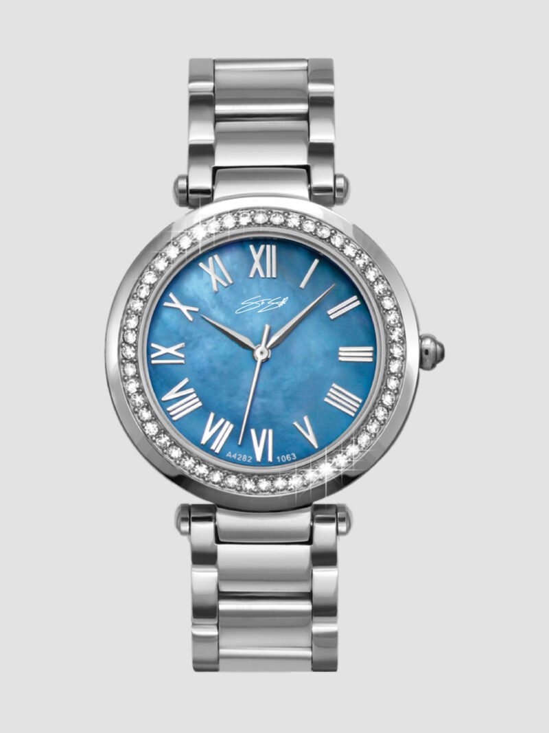 Ladies Classic The Siena Watch ::  Swiss Movement Silver Stainless Blue Cloud M.O.P. Dial Model: CLAL-SS-BLMOP-SWAR