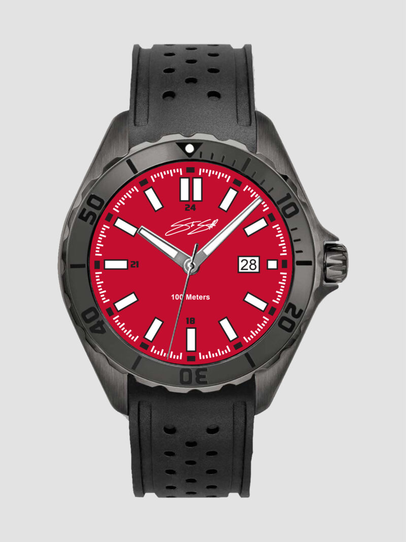 Men's Shades Cyclone Sport Watch :: Swiss Movement Gun I.P. Stainless Steel Candy Red Dial Sapphire Crystal Model SHA-RUBK-RED